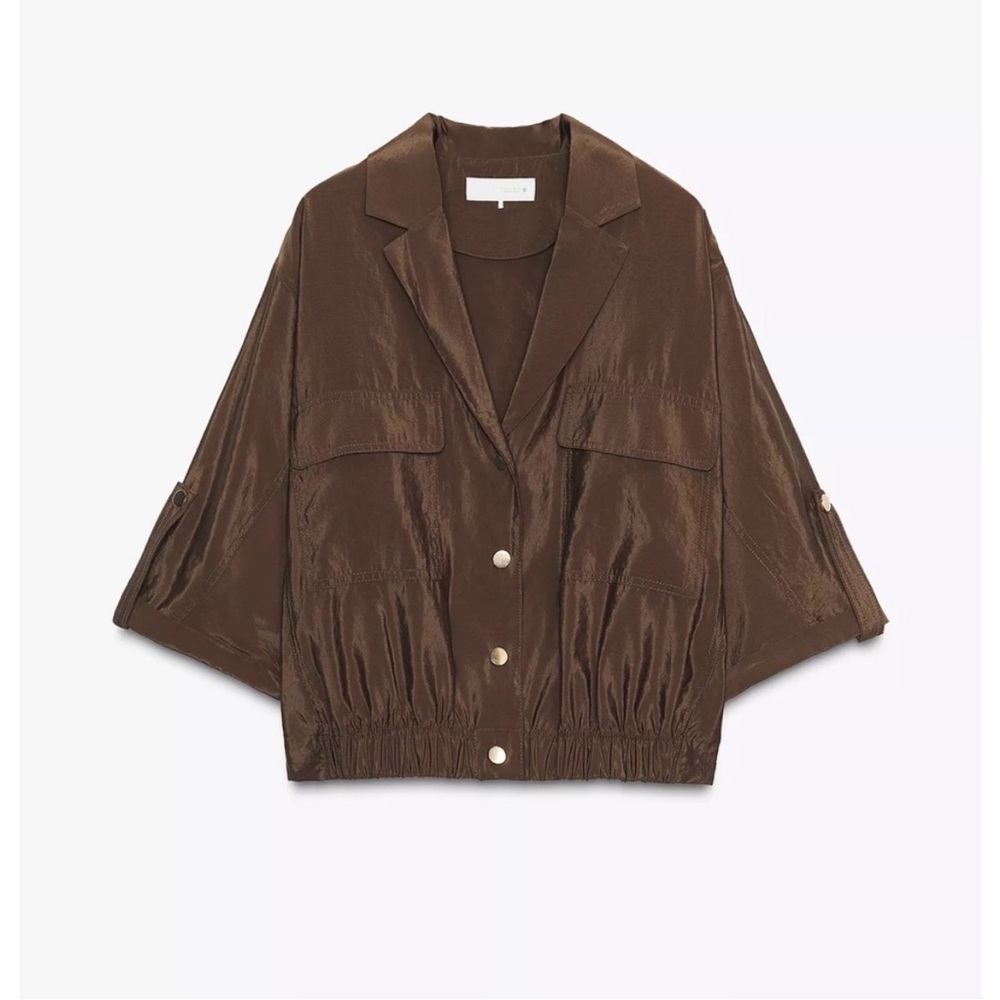 ZARA SHORT SLEEVE SAFARI SHIRT L toffee brown nylon shirt jacket